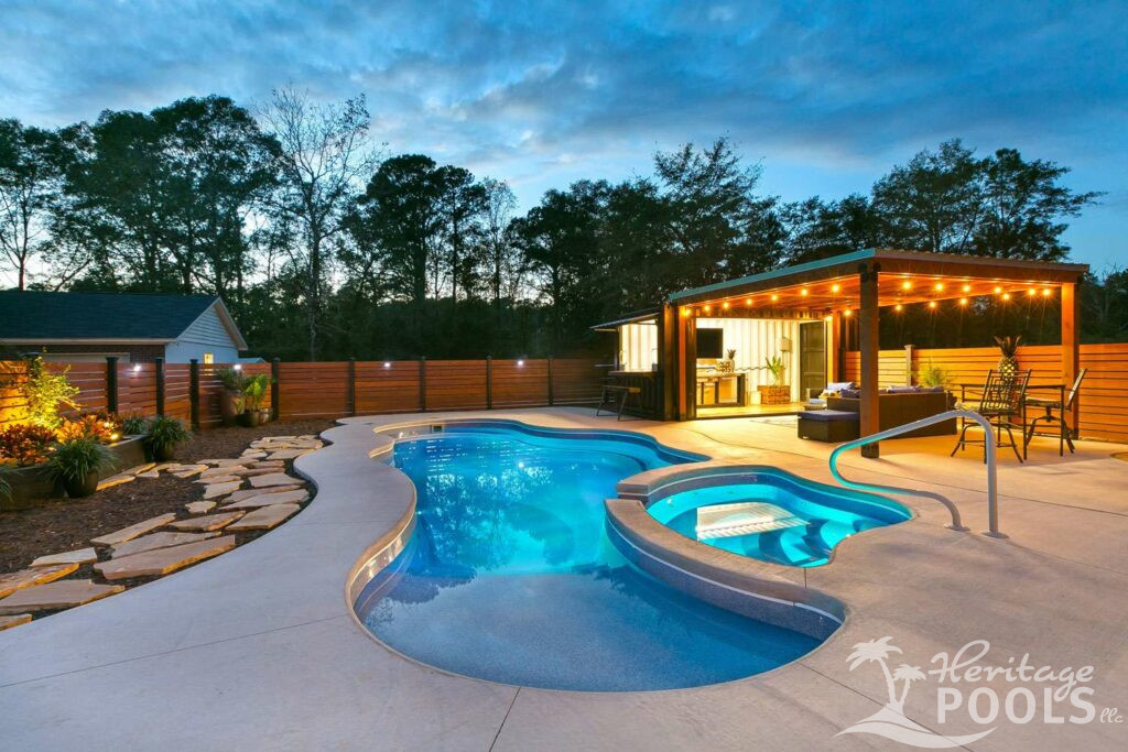 fiberglass pools, heritage pools, charleston, outdoor living spaces with pool